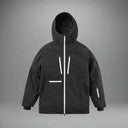 Black jacket with reflective stripes on a white background