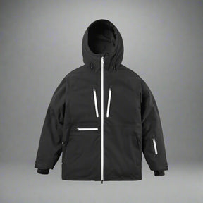 Black jacket with reflective stripes on a white background