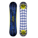 Two views of a snowboard with a blue and yellow design on a white background