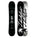 Black and white snowboard with brand logo and design on a white background
