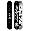 Black and white snowboard with brand logo and design on a white background