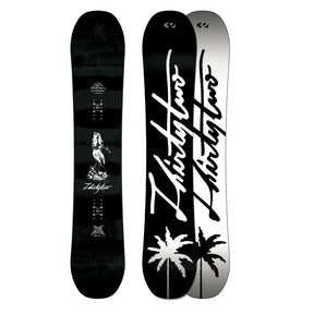 Black and white snowboard with brand logo and design on a white background