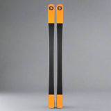 Pair of orange and black skis with a logo on a white background