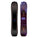 Two views of a snowboard with a purple and black design on a white background