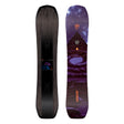Two views of a snowboard with a purple and black design on a white background