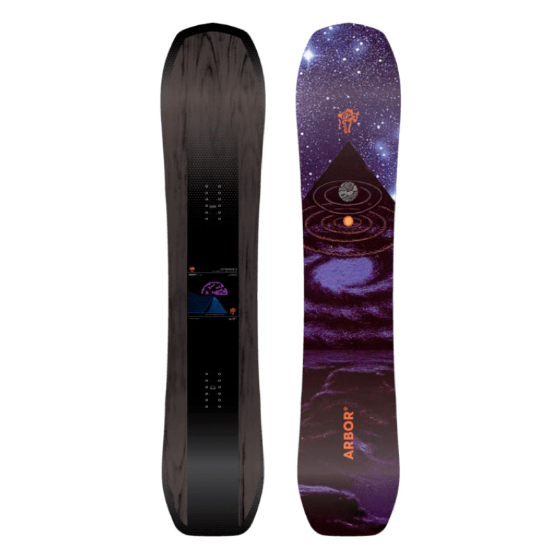 Two views of a snowboard with a purple and black design on a white background