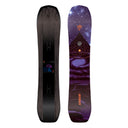 Two views of a snowboard with a purple and black design on a white background