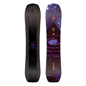 Two views of a snowboard with a purple and black design on a white background
