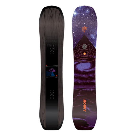Two views of a snowboard with a purple and black design on a white background
