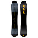 Black snowboard with 'Arbor' branding on a white background