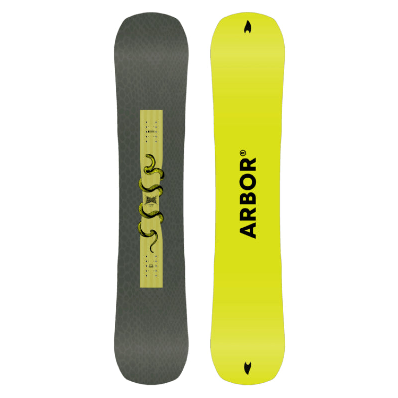 Two views of a snowboard with 'Arbor' branding on a white background