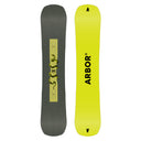 Two views of a snowboard with 'Arbor' branding on a white background