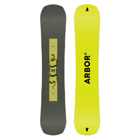 Two views of a snowboard with 'Arbor' branding on a white background