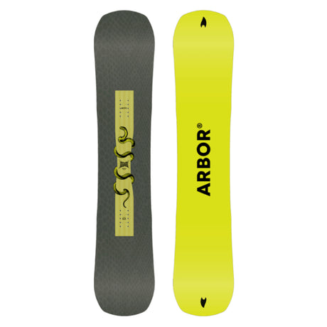 Two views of a snowboard with 'Arbor' branding on a white background