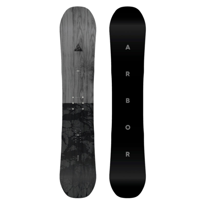 Two views of a snowboard with ' Arbor' branding on a white background