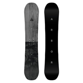 Two views of a snowboard with ' Arbor' branding on a white background