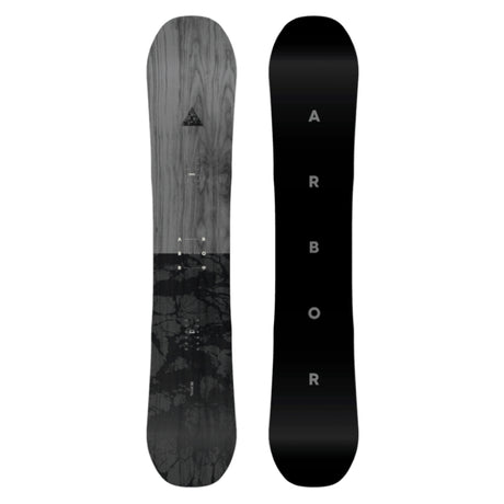 Two views of a snowboard with ' Arbor' branding on a white background