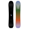 Two views of a snowboard with a gradient design and Arbor branding on a white background.