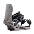 Gray and black snowboard binding on a white background