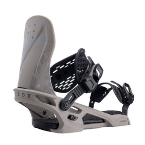 Gray and black snowboard binding on a white background
