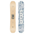 Two snowboards, one natural wood and one with blue geometric pattern, on a white background.