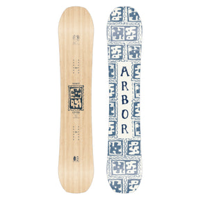 Two snowboards, one natural wood and one with blue geometric pattern, on a white background.