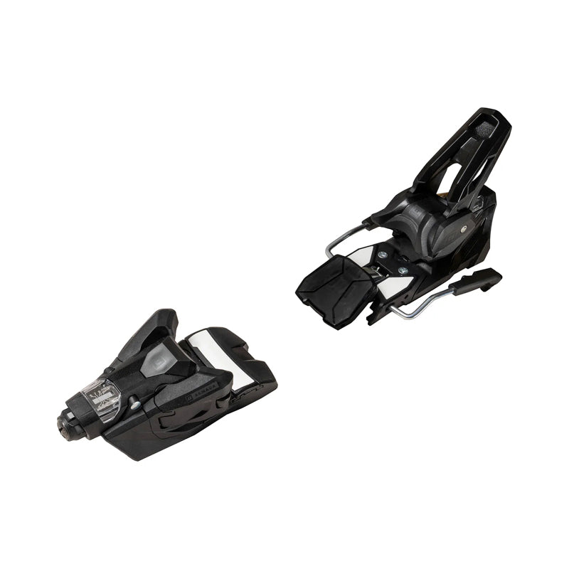 A pair of ski bindings shown from two angles on a plain white background, featuring a black design with a silver metal release lever.