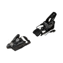 A pair of ski bindings shown from two angles on a plain white background, featuring a black design with a silver metal release lever.