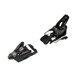 A pair of ski bindings shown from two angles on a plain white background, featuring a black design with a silver metal release lever.