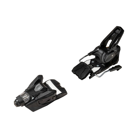 A pair of ski bindings shown from two angles on a plain white background, featuring a black design with a silver metal release lever.