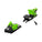 A pair of ski bindings shown from two angles on a plain white background, featuring a bright neon green and black design with a silver metal release lever.