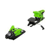 A pair of ski bindings shown from two angles on a plain white background, featuring a bright neon green and black design with a silver metal release lever.