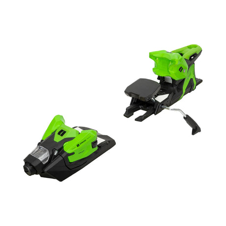 A pair of ski bindings shown from two angles on a plain white background, featuring a bright neon green and black design with a silver metal release lever.