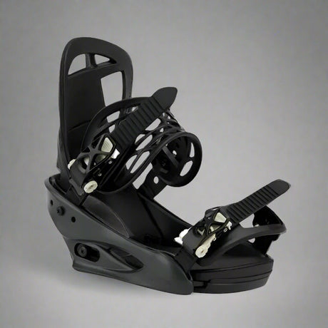 Black snowboard bindings on a white background