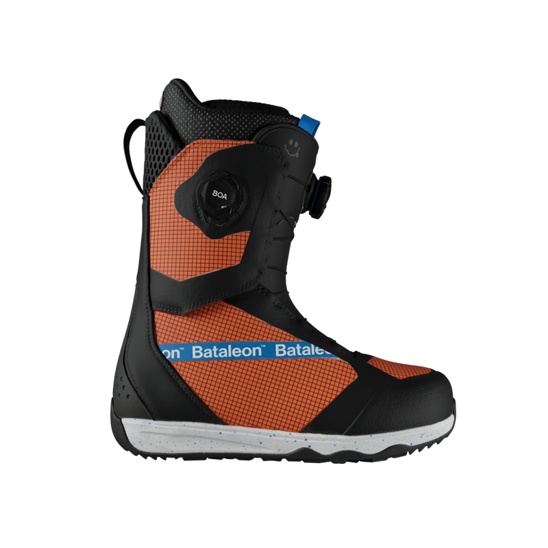 Orange black and blue snowboard boot