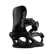 Black snowboard binding with brand logo on a white background