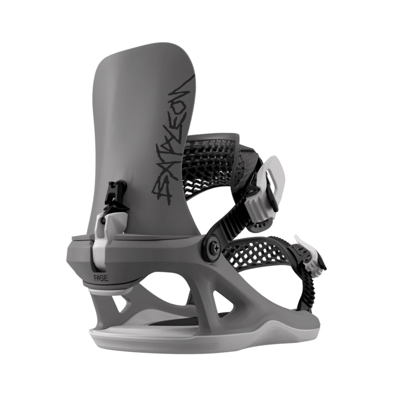 Gray snowboard binding with black accents on a white background