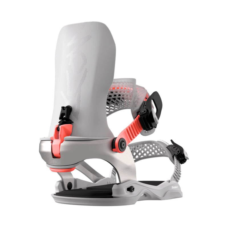 Gray and red snowboard binding on a white background