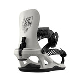 White snowboard binding with black accents on a white background