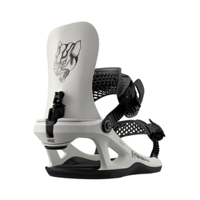 White snowboard binding with black accents on a white background