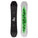 Two snowboards, one black with a white logo and the other white with green tribal design, on a white background.