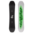 Two snowboards, one black with a white logo and the other white with green tribal design, on a white background.