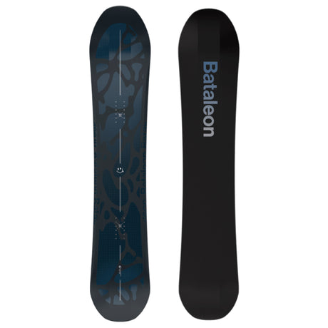 Black snowboard with 'Bataleon' branding on a white background