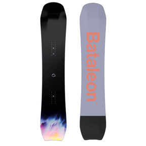 Two views of a snowboard with Bataleon branding on a white background