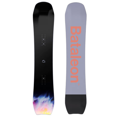 Two views of a snowboard with Bataleon branding on a white background