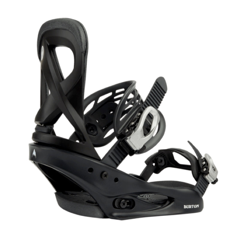Black snowboard binding with Burton logo on a white background