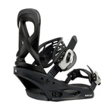 Black snowboard binding with Burton logo on a white background