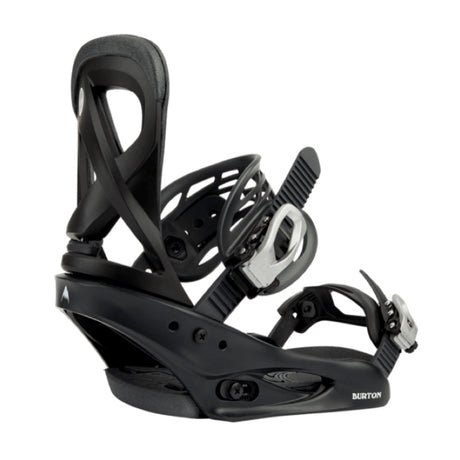 Black snowboard binding with Burton logo on a white background