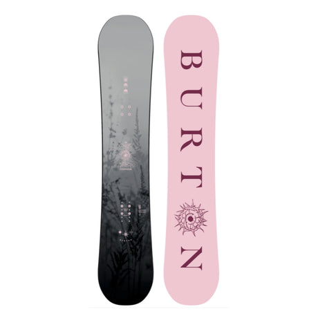 Two snowboards, one gray and one pink with 'Burton' branding, on a white background.
