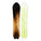 Two views of a snowboard with a black and brown gradient on one side and a green and white pattern on the other, on a white background.